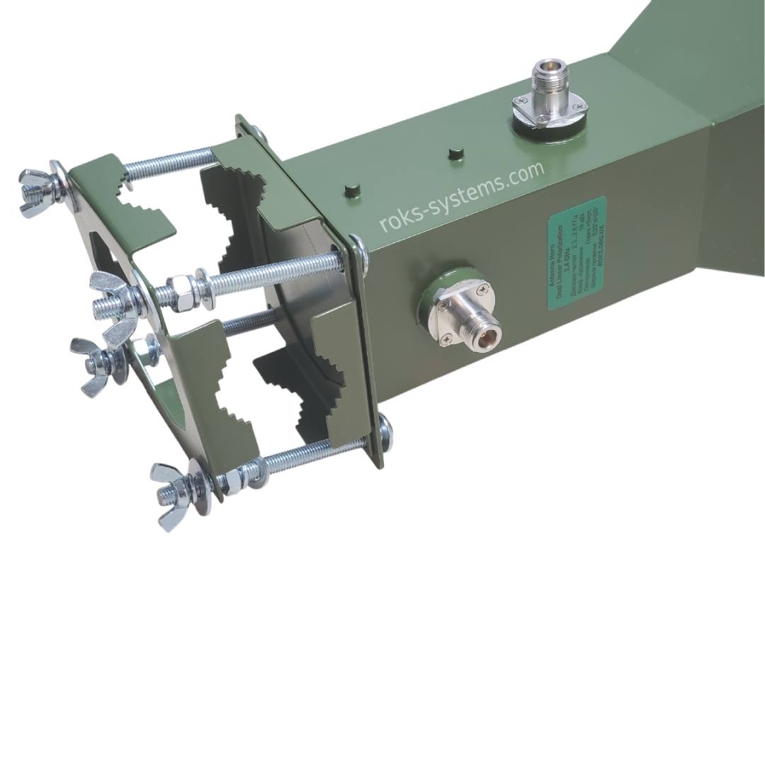 S-band horn antenna 2050-2650 MHz, 17.0 dB, cross-pol≥20 dB, 28° beamwidth, 2×N-Female, 50Ω