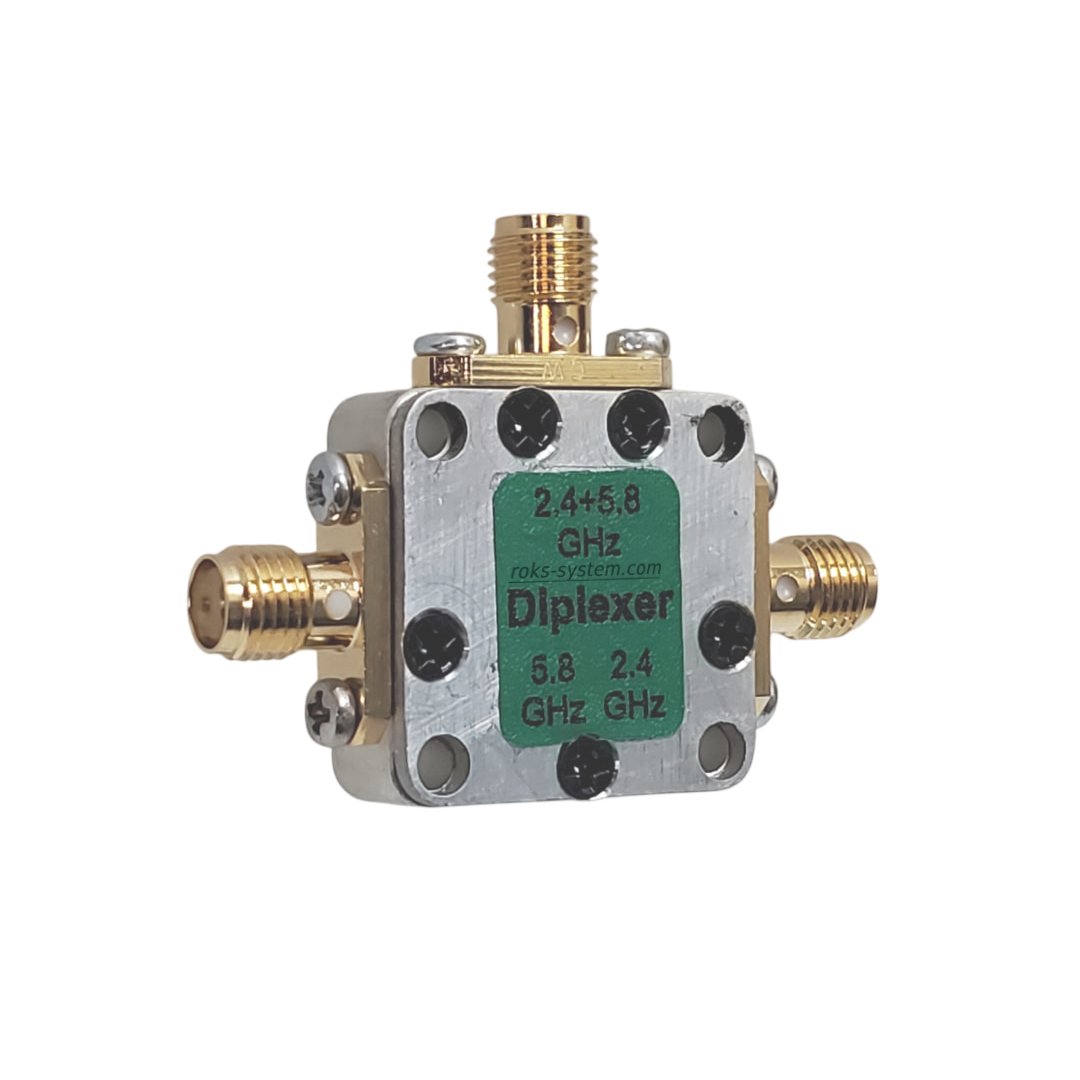 Wi-Fi router diplexer 2400-2483.5 MHz + 5150-5950 MHz, SMA 1+2 (COM+2), 3-port, 50 Ohm, 10 W, IL≤0.8 dB, iso≥20 dB, VSWR≤1.5, 30×20×6.52 mm