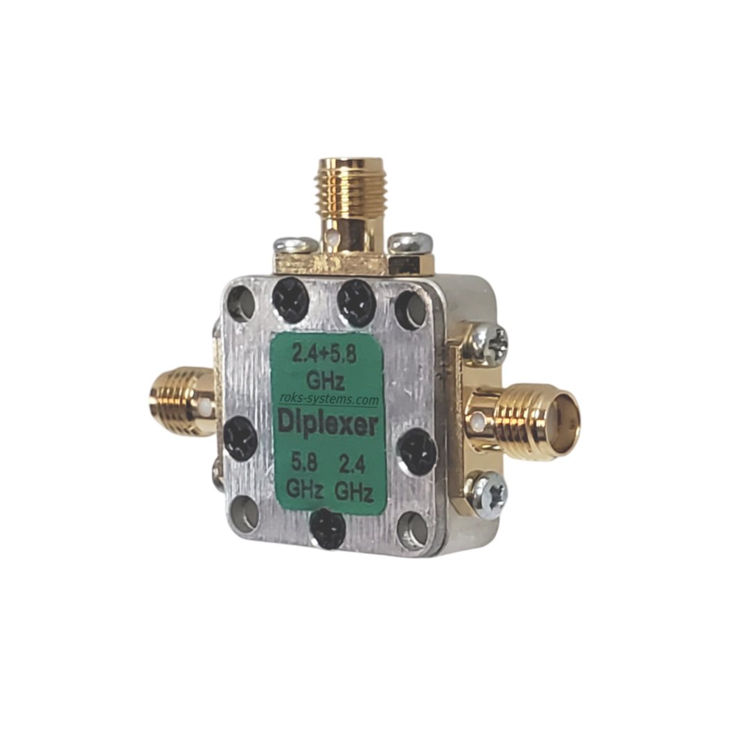2-band Wi-Fi diplexer 2400-2483.5/5150-5950 MHz, SMA 1+2 (COM+2), 50 Ohm, 10 W, IL≤0.8 dB, isolation ≥20 dB, VSWR≤1.5