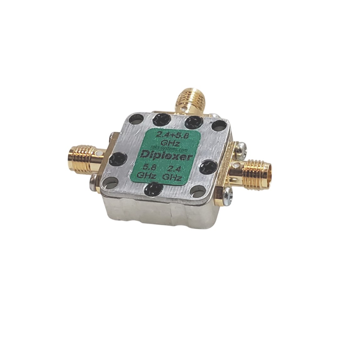 Compact Wi-Fi RF diplexer 2400-2483.5 MHz + 5150-5950 MHz, SMA 1+2 (COM+2), 50 Ohm, 10 W, IL≤0.8 dB, iso≥20 dB, VSWR≤1.5