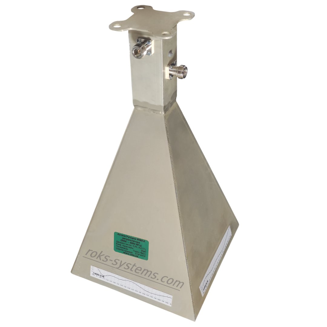 5.05-6.0 GHz WiMAX repeater horn antenna 20 dBi, dual H/V, 2×N-Female 50 Ohm, VSWR≤1.5, 20°×20°, protective cover, mount 30-45 mm