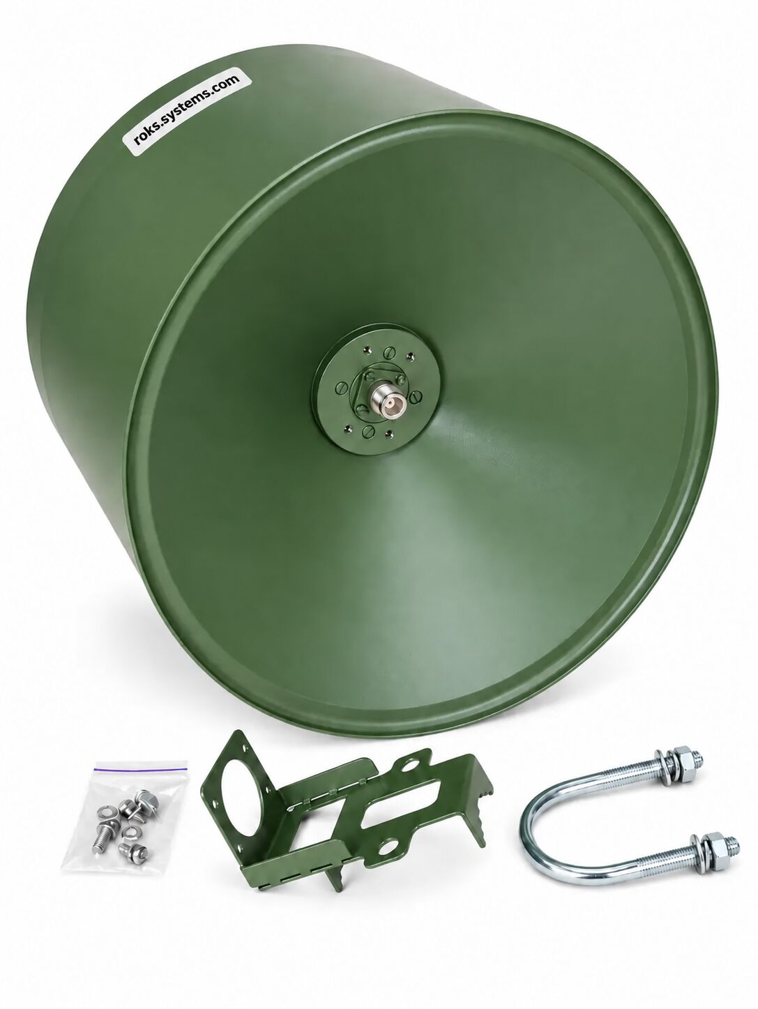 0.4-8 GHz RF monitoring antenna, biconical omnidirectional design, up to 5 dBi gain, 360° coverage, 50 Ohm, N-female